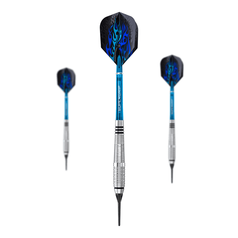 Das Bild zeigt drei Softdarts des Produkts "Harrows Blaze Style A Softdarts - 18g". Die Darts haben blaue Schäfte, schwarze Flights mit blauen Flammen und silberne, gerillte Barrels.